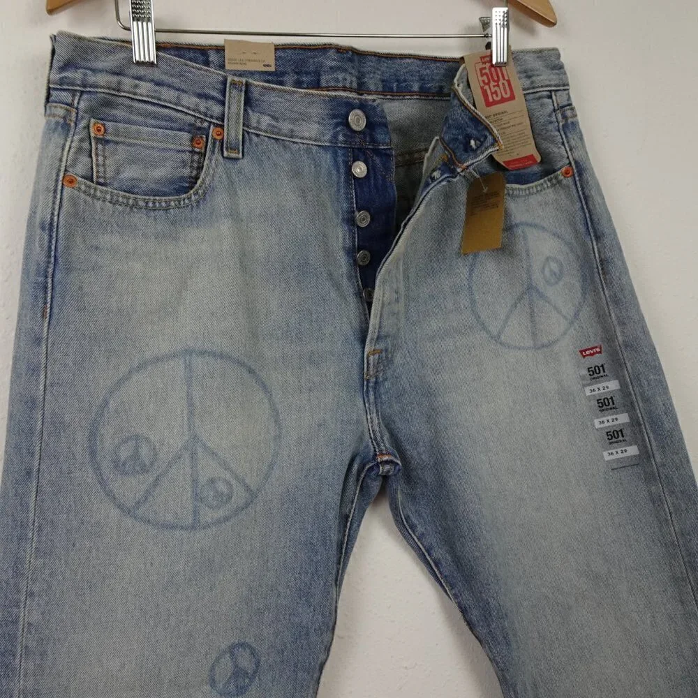 Levi's 501 Jeans Men's Size 36x29 Blue Denim 150 Anniversary Peace Sign